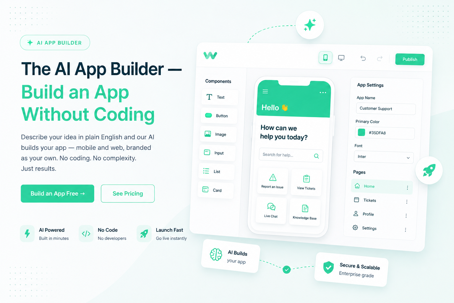 Workmaster AI app builder interface - describe your app and the AI builds it, no coding