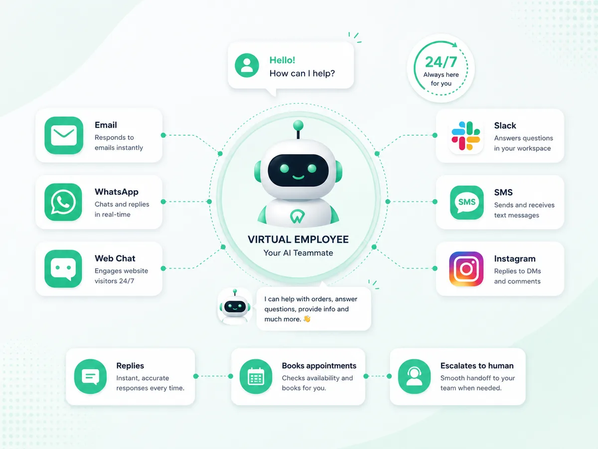 A Virtual Employee working across email, WhatsApp, web chat and Slack